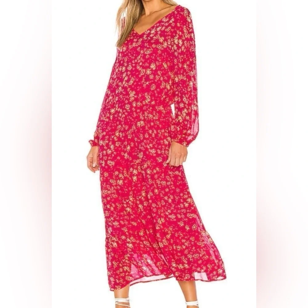 Free People Wallflower Tiered Midi Raspberry Red & Cream Floral Dress Sz M